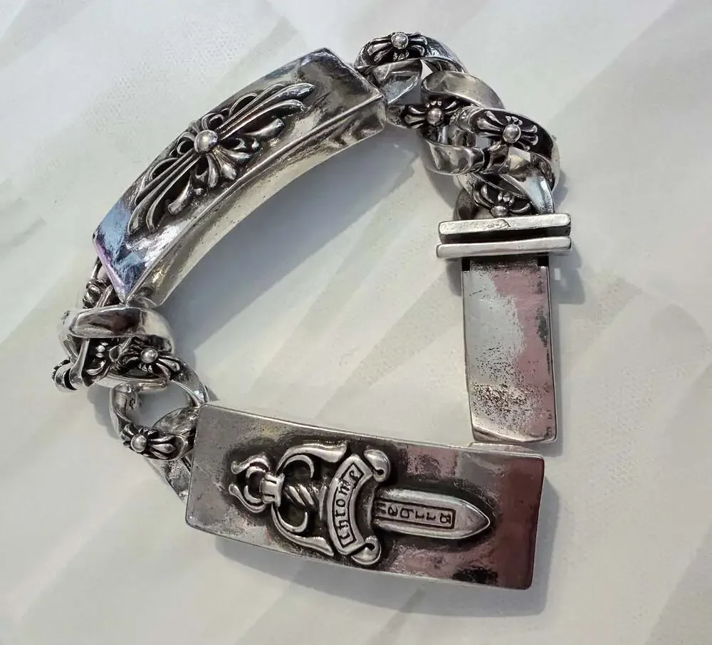 925 Sterling Silver Heavy Cross & Dagger Statement Link Bracelet